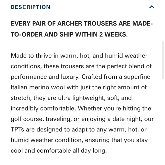 Archer Tropical Performance Trousers Ultralight Weight Merino Wool Pants 40/32 - Picture 13 of 15